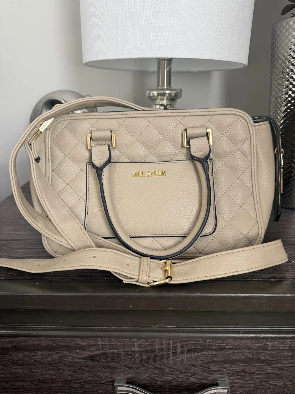 Steve Madden Quilted Beige Satchel with Black Trim